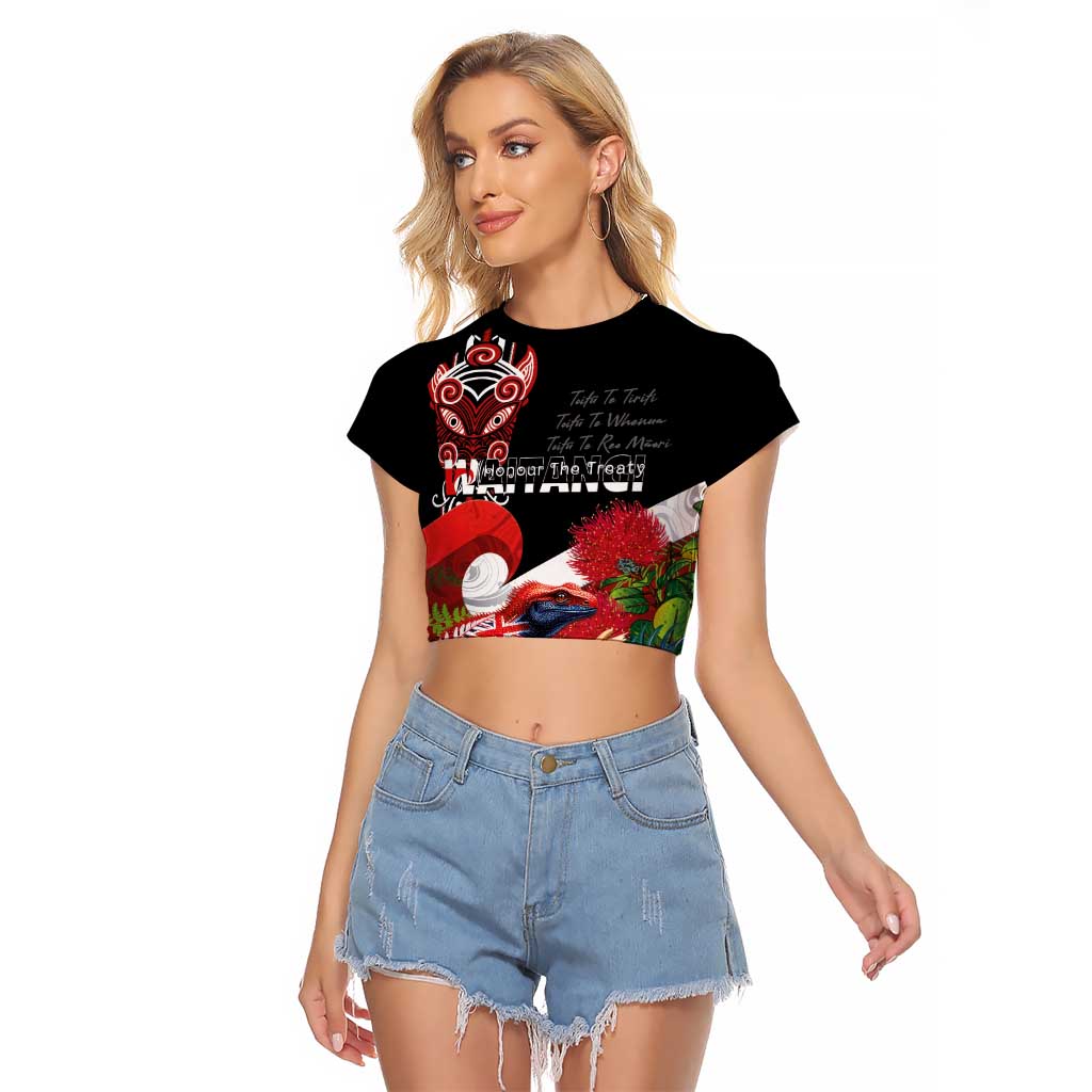 Aotearoa Toitu Te Tiriti Raglan Cropped T Shirt Waitangi-Honour The Treaty NZ Tuatara and Plants LT03 Female Multicolor - Polynesian Pride
