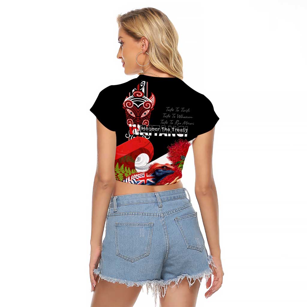 Aotearoa Toitu Te Tiriti Raglan Cropped T Shirt Waitangi-Honour The Treaty NZ Tuatara and Plants