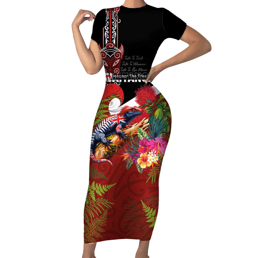 Aotearoa Toitu Te Tiriti Short Sleeve Bodycon Dress Waitangi-Honour The Treaty NZ Tuatara and Plants