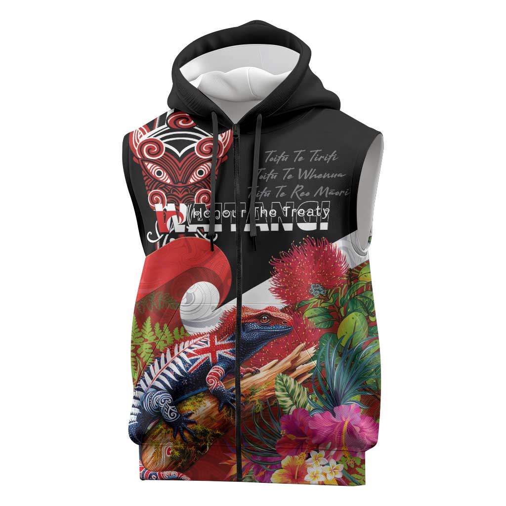 Aotearoa Toitu Te Tiriti Sleeveless Zip Hoodie Waitangi-Honour The Treaty NZ Tuatara and Plants LT03 Multicolor - Polynesian Pride