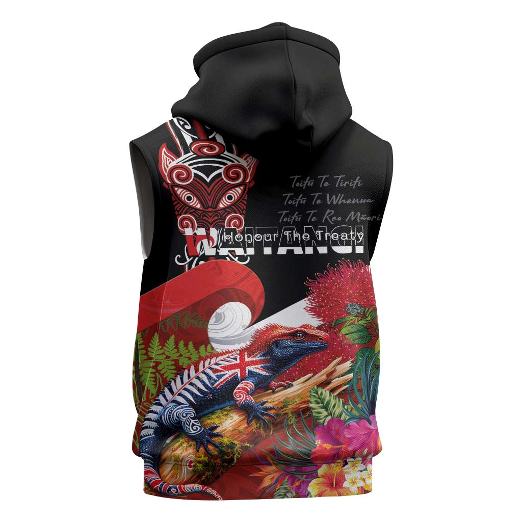 Aotearoa Toitu Te Tiriti Sleeveless Zip Hoodie Waitangi-Honour The Treaty NZ Tuatara and Plants