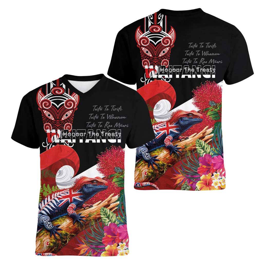 Aotearoa Toitu Te Tiriti Women V-Neck T-Shirt Waitangi-Honour The Treaty NZ Tuatara and Plants
