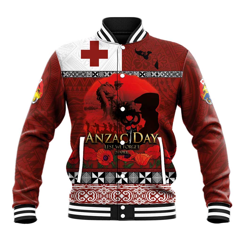 Tonga ANZAC Day Baseball Jacket Gallipoli Lest We Forget Ngatu Art Tribal LT03 Unisex Red - Polynesian Pride
