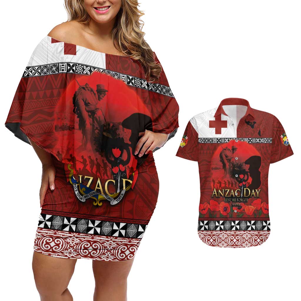 Tonga ANZAC Day Couples Matching Off Shoulder Short Dress and Hawaiian Shirt Gallipoli Lest We Forget Ngatu Art Tribal