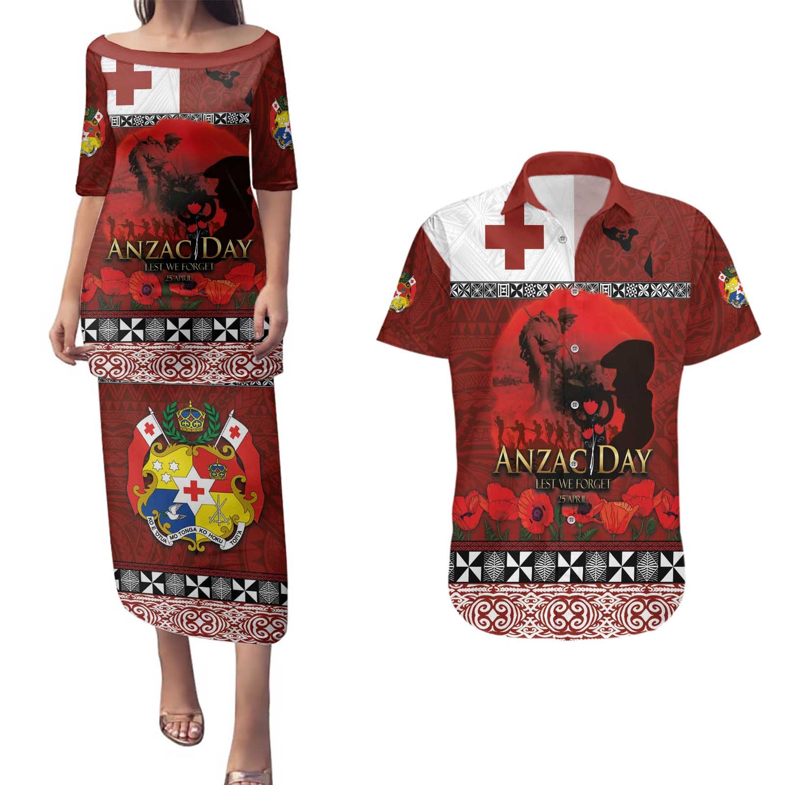 Tonga ANZAC Day Couples Matching Puletasi and Hawaiian Shirt Gallipoli Lest We Forget Ngatu Art Tribal LT03 Red - Polynesian Pride