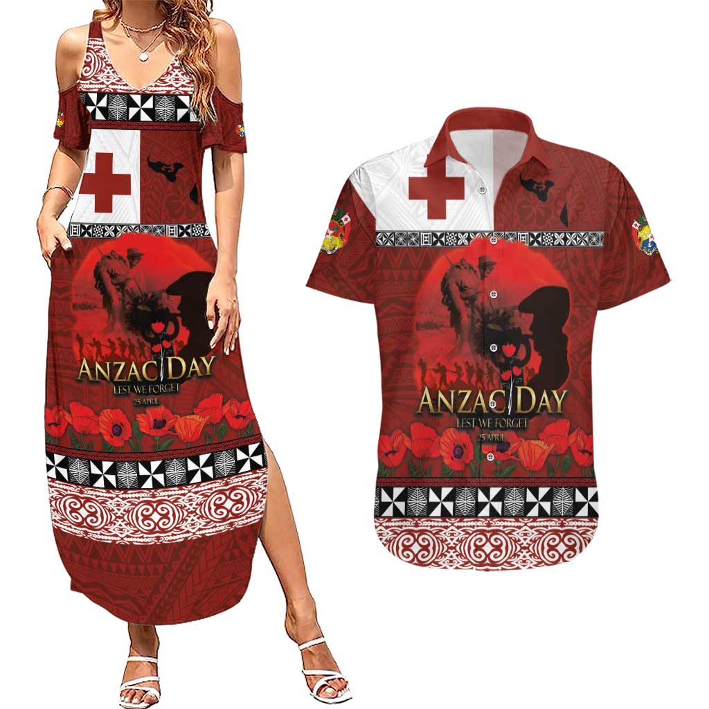 Tonga ANZAC Day Couples Matching Summer Maxi Dress and Hawaiian Shirt Gallipoli Lest We Forget Ngatu Art Tribal LT03 Red - Polynesian Pride