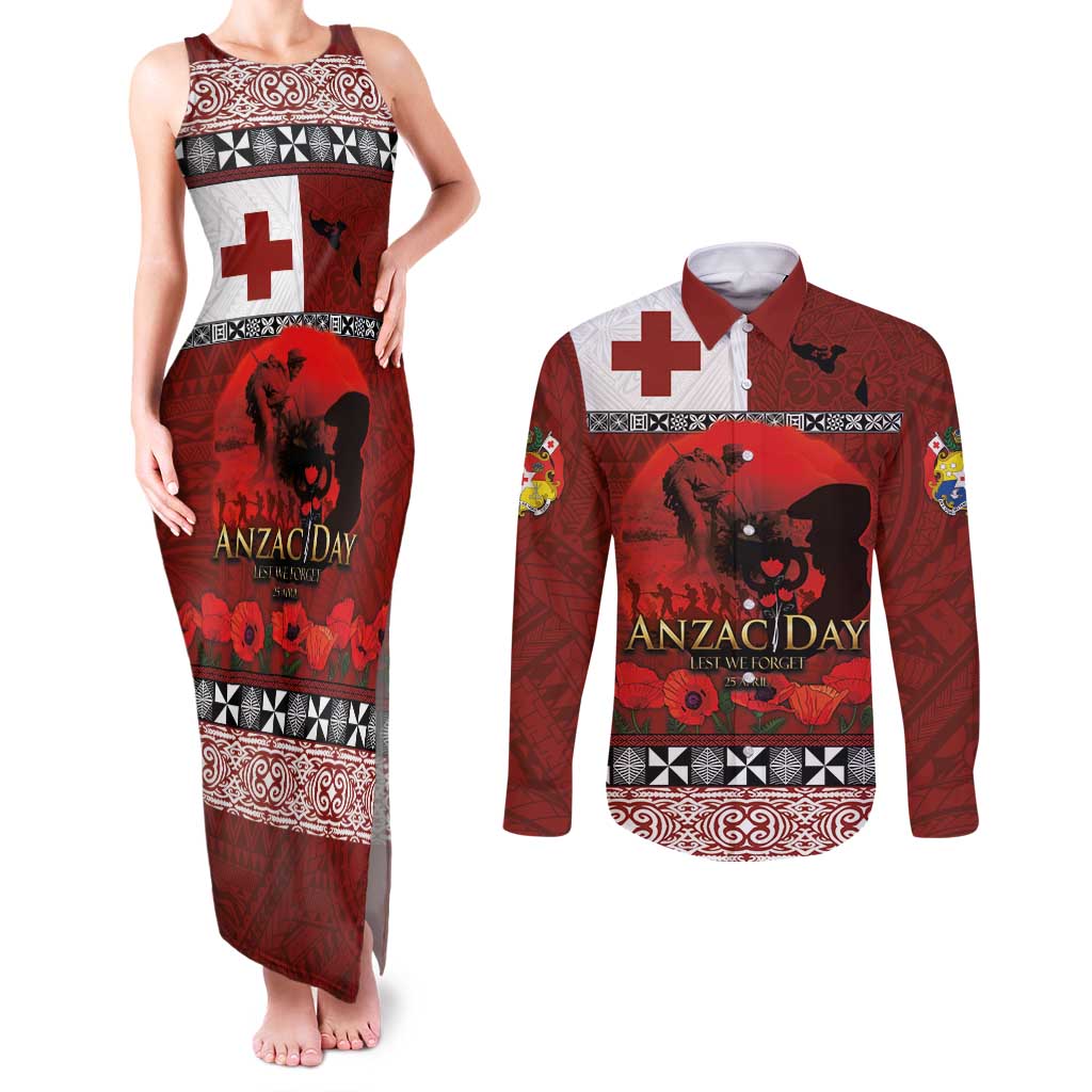 Tonga ANZAC Day Couples Matching Tank Maxi Dress and Long Sleeve Button Shirt Gallipoli Lest We Forget Ngatu Art Tribal LT03 Red - Polynesian Pride