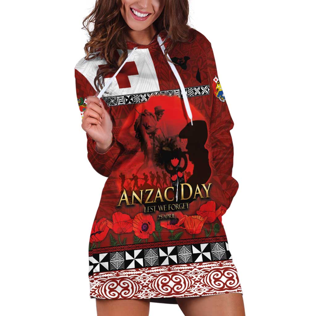 Tonga ANZAC Day Hoodie Dress Gallipoli Lest We Forget Ngatu Art Tribal LT03 Red - Polynesian Pride