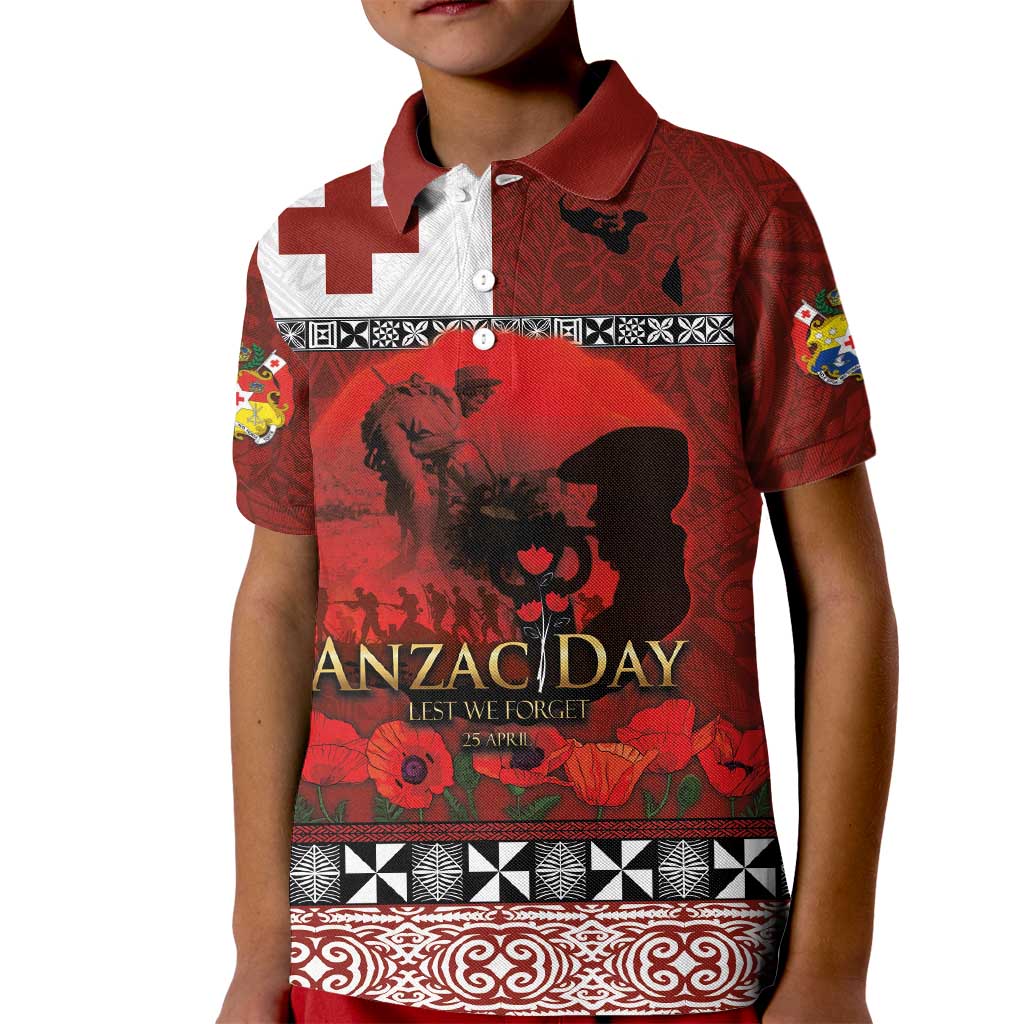 Tonga ANZAC Day Kid Polo Shirt Gallipoli Lest We Forget Ngatu Art Tribal