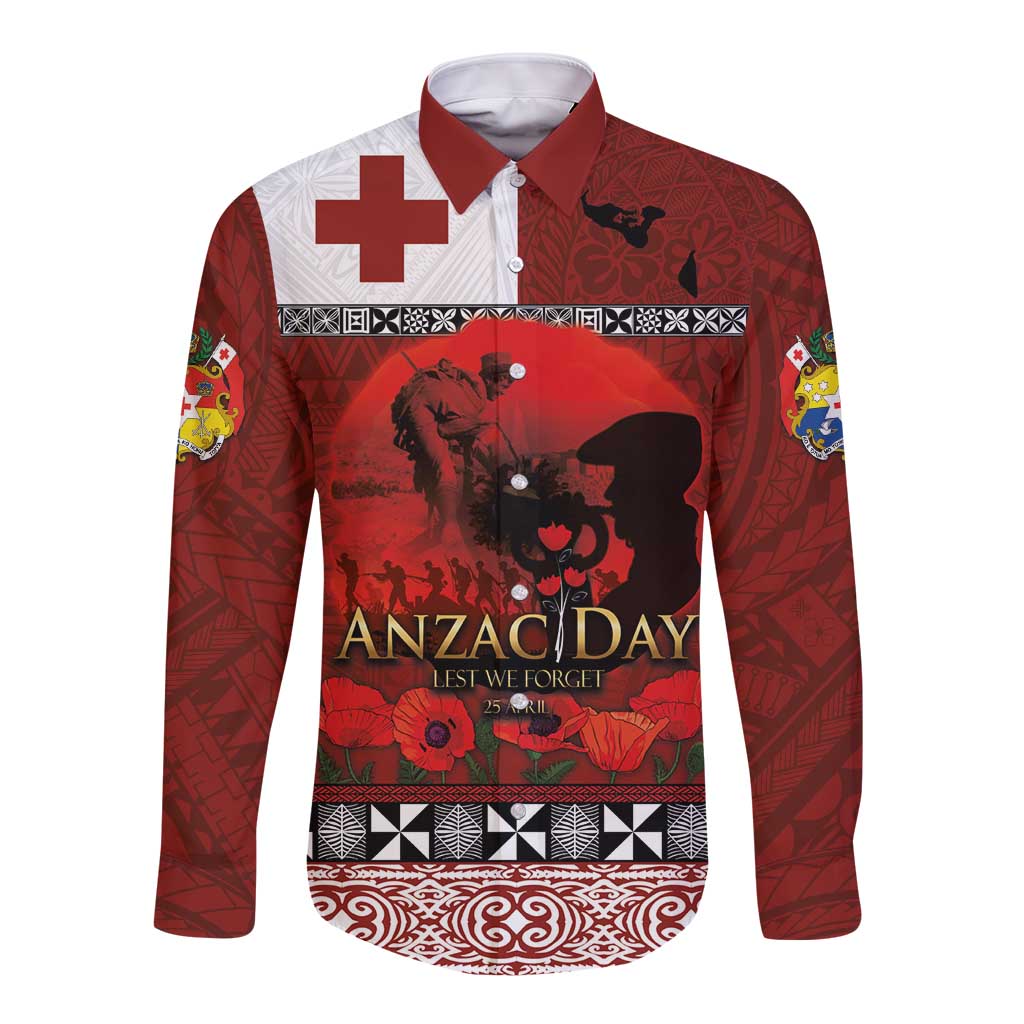 Tonga ANZAC Day Long Sleeve Button Shirt Gallipoli Lest We Forget Ngatu Art Tribal LT03 Unisex Red - Polynesian Pride