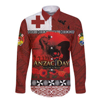 Tonga ANZAC Day Long Sleeve Button Shirt Gallipoli Lest We Forget Ngatu Art Tribal LT03 Unisex Red - Polynesian Pride