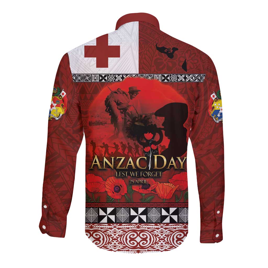 Tonga ANZAC Day Long Sleeve Button Shirt Gallipoli Lest We Forget Ngatu Art Tribal LT03 - Polynesian Pride