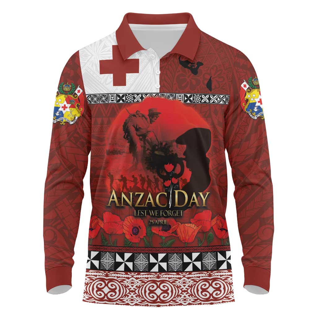 Tonga ANZAC Day Long Sleeve Polo Shirt Gallipoli Lest We Forget Ngatu Art Tribal