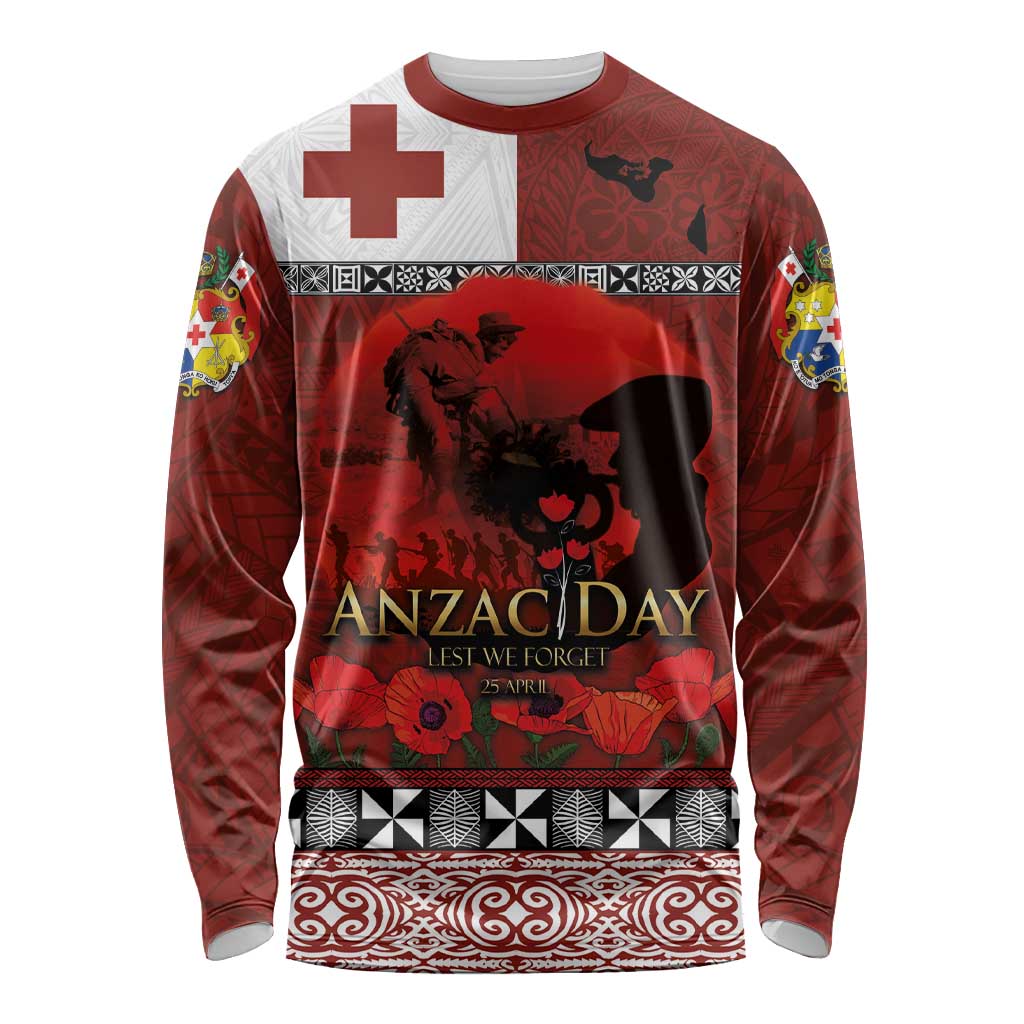 Tonga ANZAC Day Long Sleeve Shirt Gallipoli Lest We Forget Ngatu Art Tribal LT03 Unisex Red - Polynesian Pride