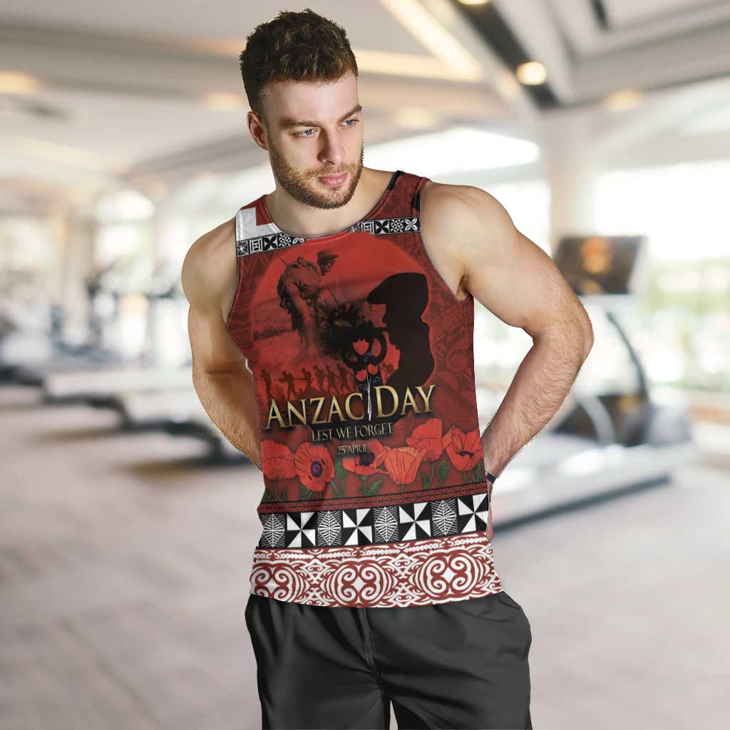 Tonga ANZAC Day Men Tank Top Gallipoli Lest We Forget Ngatu Art Tribal LT03 Red - Polynesian Pride