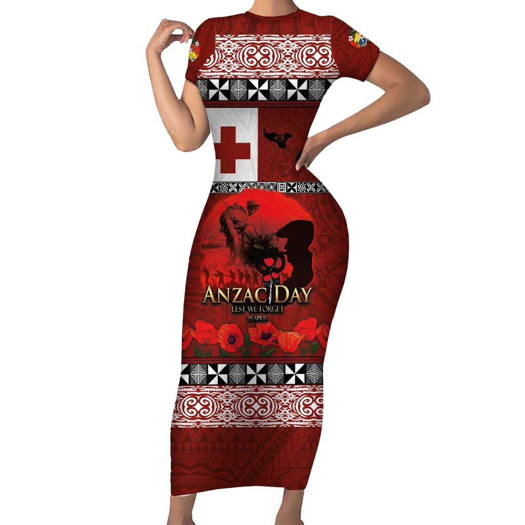 Tonga ANZAC Day Short Sleeve Bodycon Dress Gallipoli Lest We Forget Ngatu Art Tribal