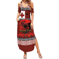 Tonga ANZAC Day Summer Maxi Dress Gallipoli Lest We Forget Ngatu Art Tribal LT03 Women Red - Polynesian Pride