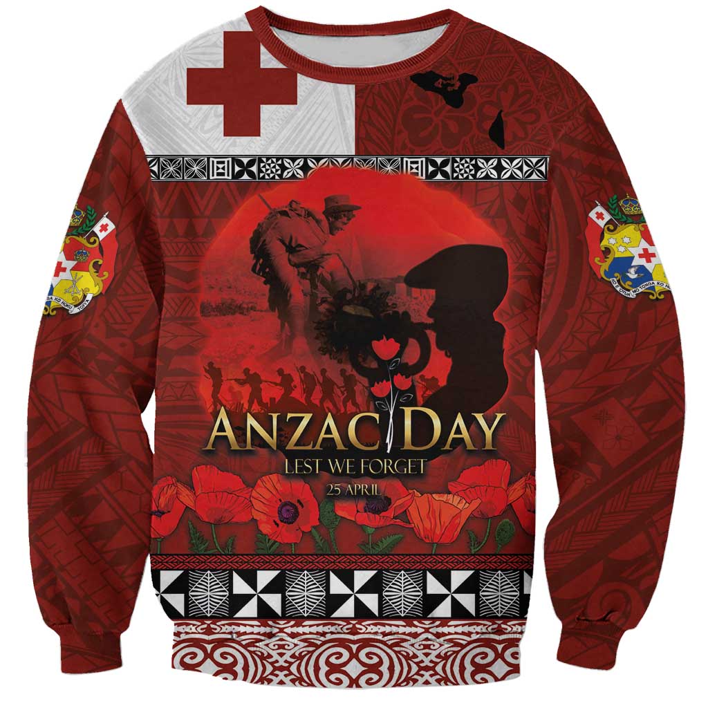 Tonga ANZAC Day Sweatshirt Gallipoli Lest We Forget Ngatu Art Tribal LT03 Unisex Red - Polynesian Pride