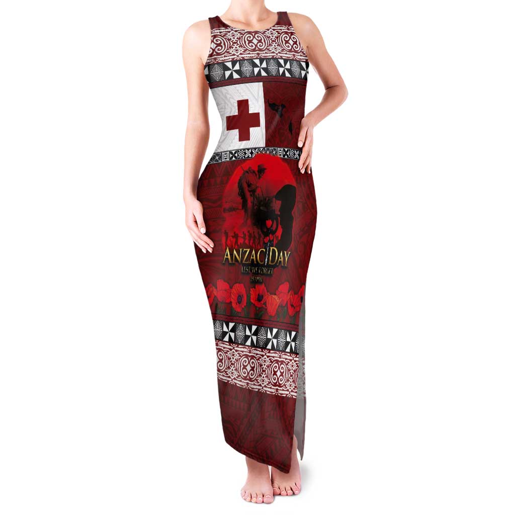 Tonga ANZAC Day Tank Maxi Dress Gallipoli Lest We Forget Ngatu Art Tribal LT03 Women Red - Polynesian Pride