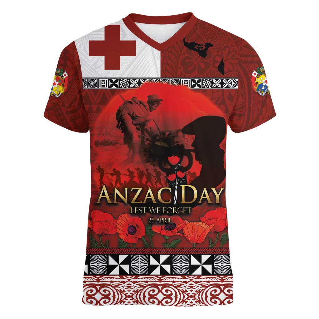 Tonga ANZAC Day Women V-Neck T-Shirt Gallipoli Lest We Forget Ngatu Art Tribal LT03 Female Red - Polynesian Pride