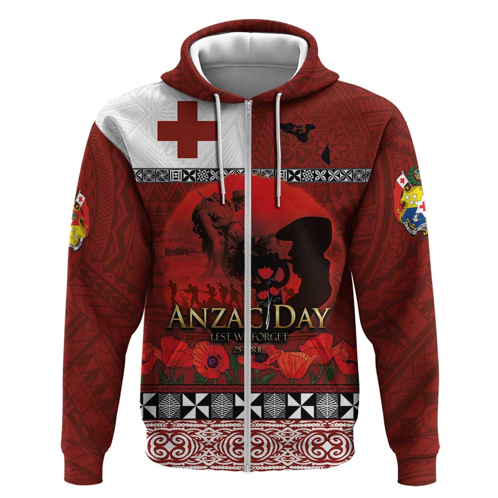 Tonga ANZAC Day Zip Hoodie Gallipoli Lest We Forget Ngatu Art Tribal