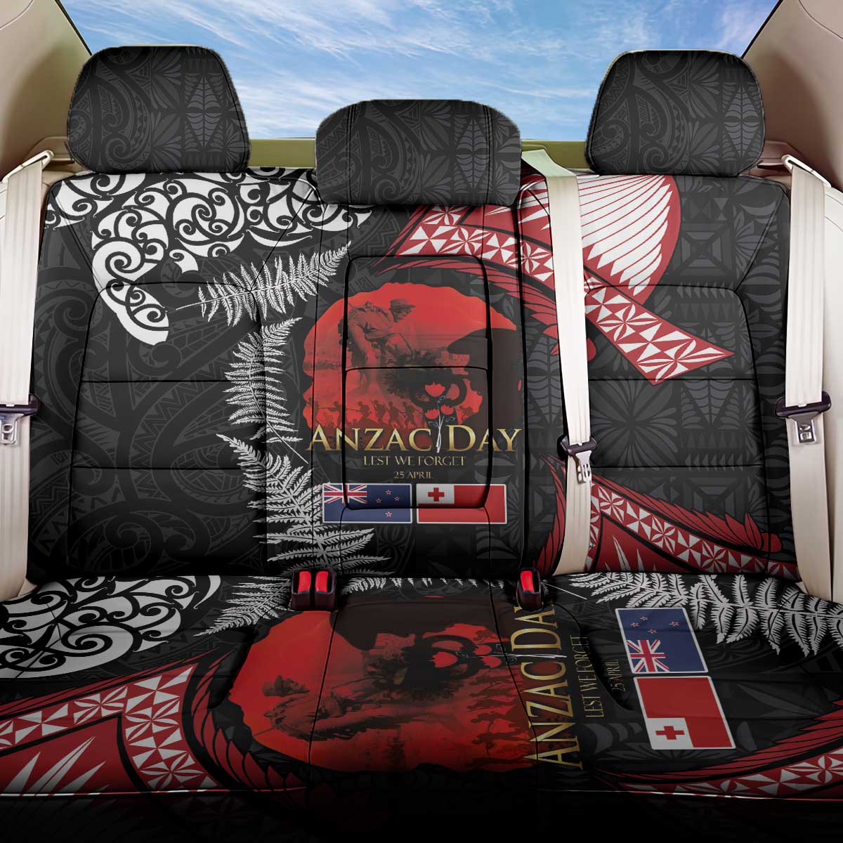 Tonga and New Zealand ANZAC Day Back Car Seat Cover Gallipoli Lest We Forget Ngatu Art Tribal and Maori Tattoo with Fern LT03