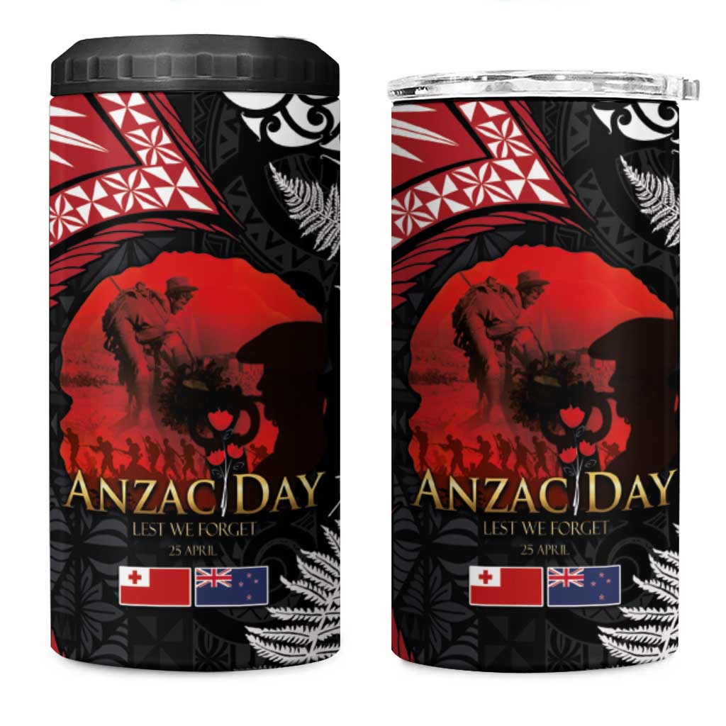 Tonga and New Zealand ANZAC Day 4 in 1 Can Cooler Tumbler Gallipoli Lest We Forget-Ngatu Art Tribal and Maori Tattoo with Fern