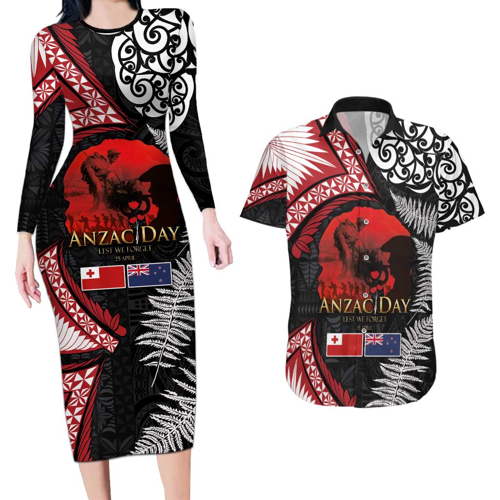 Tonga and New Zealand ANZAC Day Couples Matching Long Sleeve Bodycon Dress and Hawaiian Shirt Gallipoli Lest We Forget Ngatu Art Tribal and Maori Tattoo with Fern LT03