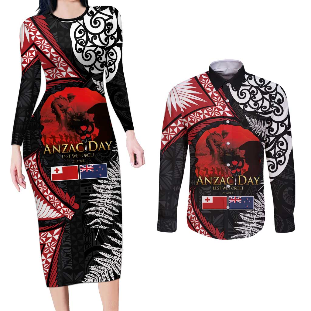 Tonga and New Zealand ANZAC Day Couples Matching Long Sleeve Bodycon Dress and Long Sleeve Button Shirt Gallipoli Lest We Forget Ngatu Art Tribal and Maori Tattoo with Fern LT03