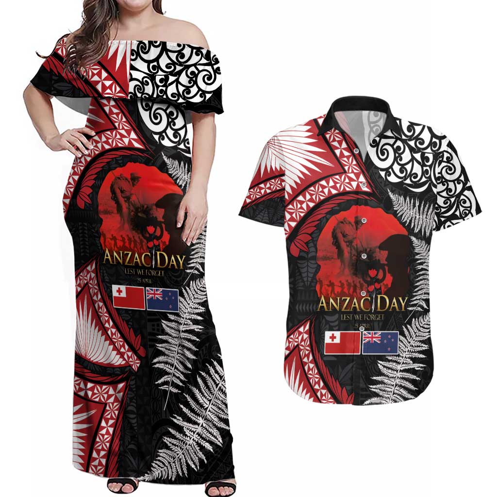 Tonga and New Zealand ANZAC Day Couples Matching Off Shoulder Maxi Dress and Hawaiian Shirt Gallipoli Lest We Forget Ngatu Art Tribal and Maori Tattoo with Fern LT03