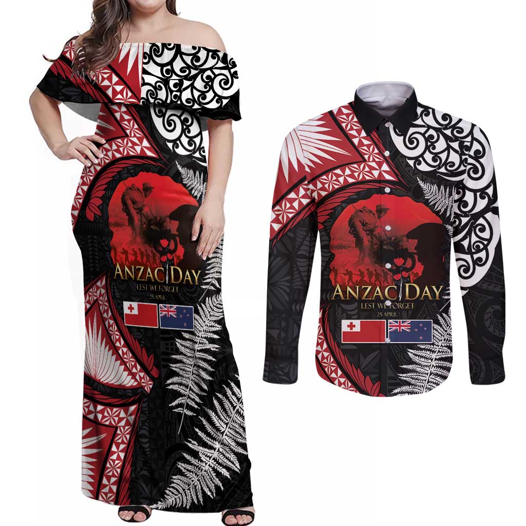 Tonga and New Zealand ANZAC Day Couples Matching Off Shoulder Maxi Dress and Long Sleeve Button Shirt Gallipoli Lest We Forget Ngatu Art Tribal and Maori Tattoo with Fern LT03