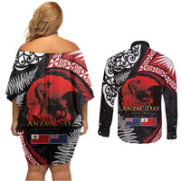 Tonga and New Zealand ANZAC Day Couples Matching Off Shoulder Short Dress and Long Sleeve Button Shirt Gallipoli Lest We Forget Ngatu Art Tribal and Maori Tattoo with Fern LT03