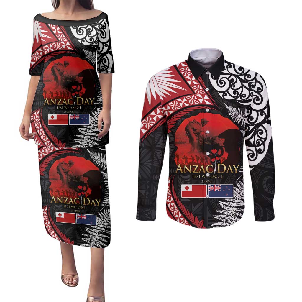 Tonga and New Zealand ANZAC Day Couples Matching Puletasi and Long Sleeve Button Shirt Gallipoli Lest We Forget Ngatu Art Tribal and Maori Tattoo with Fern LT03 Black - Polynesian Pride