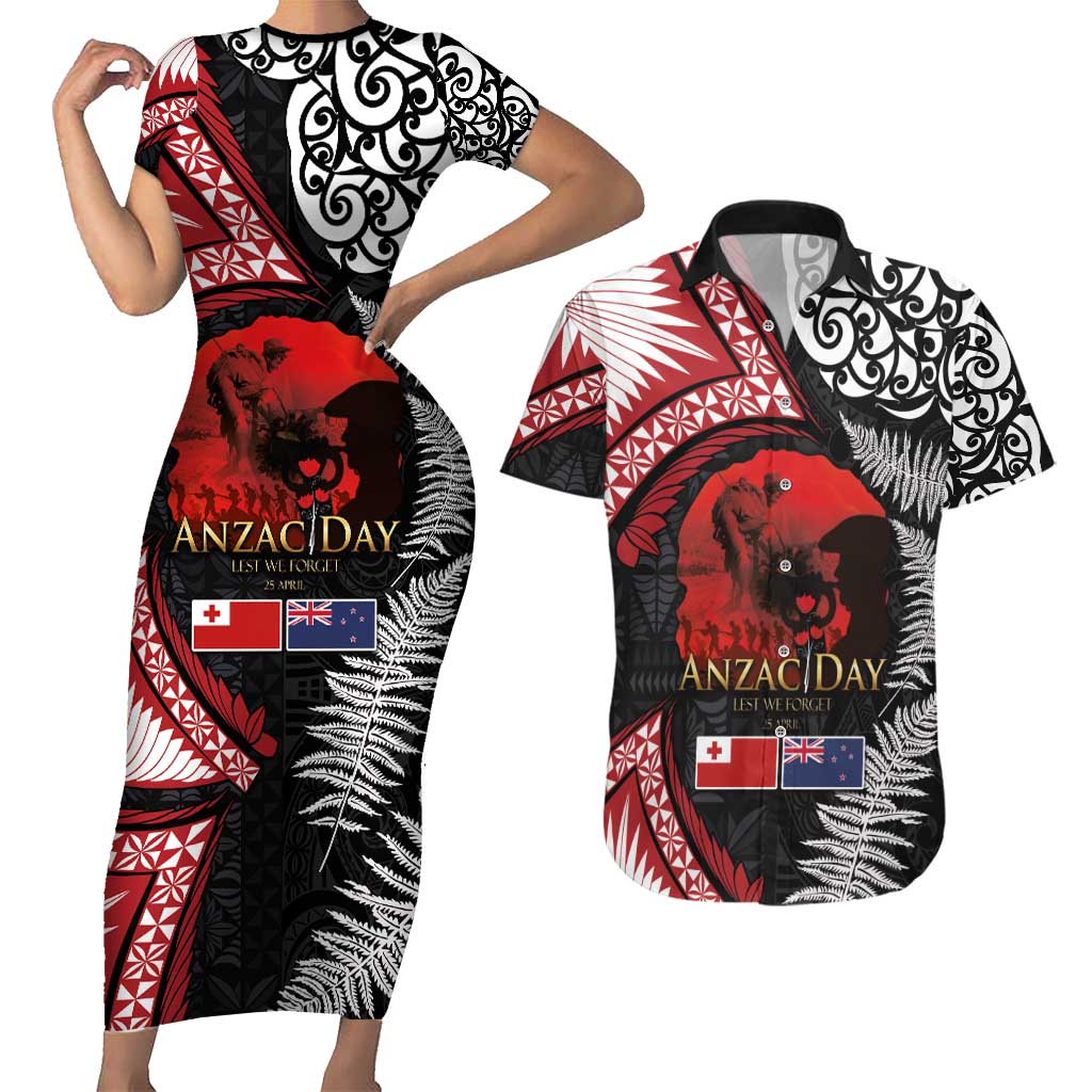 Tonga and New Zealand ANZAC Day Couples Matching Short Sleeve Bodycon Dress and Hawaiian Shirt Gallipoli Lest We Forget Ngatu Art Tribal and Maori Tattoo with Fern LT03