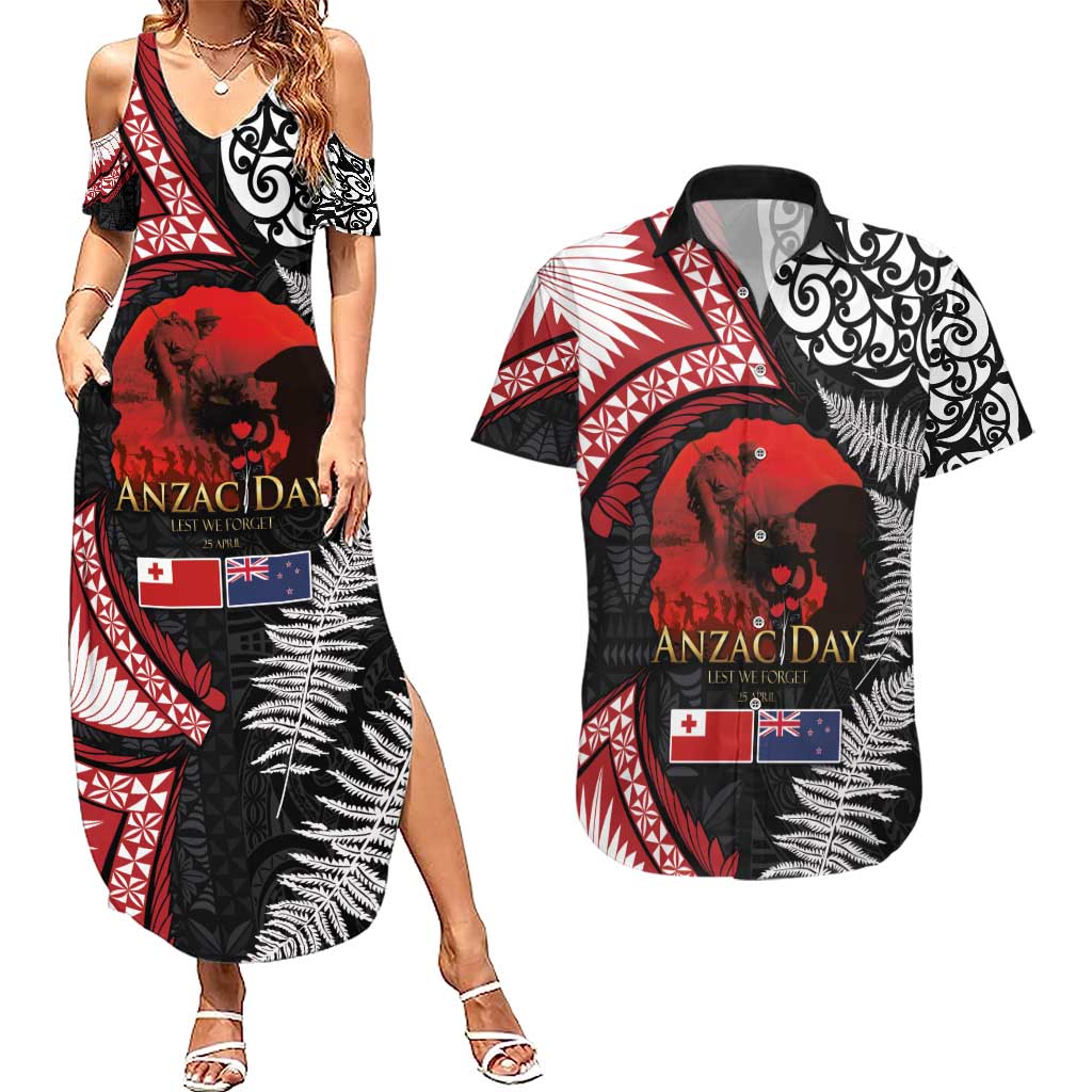 Tonga and New Zealand ANZAC Day Couples Matching Summer Maxi Dress and Hawaiian Shirt Gallipoli Lest We Forget Ngatu Art Tribal and Maori Tattoo with Fern LT03 Black - Polynesian Pride