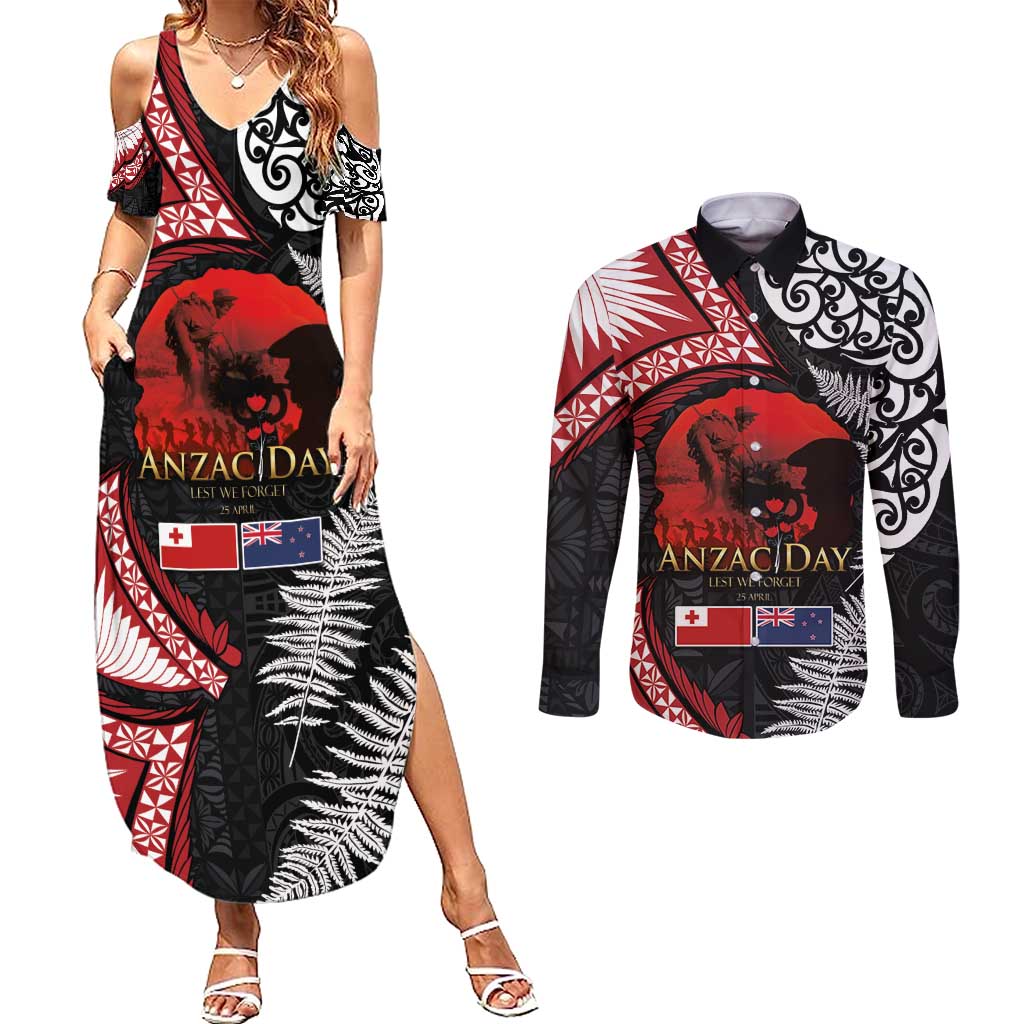 Tonga and New Zealand ANZAC Day Couples Matching Summer Maxi Dress and Long Sleeve Button Shirt Gallipoli Lest We Forget Ngatu Art Tribal and Maori Tattoo with Fern LT03