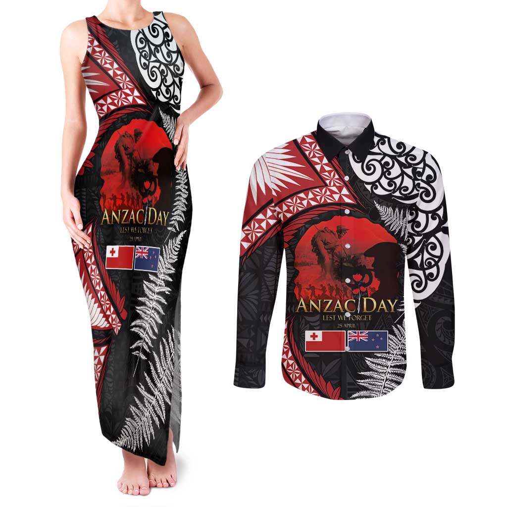 Tonga and New Zealand ANZAC Day Couples Matching Tank Maxi Dress and Long Sleeve Button Shirt Gallipoli Lest We Forget Ngatu Art Tribal and Maori Tattoo with Fern LT03