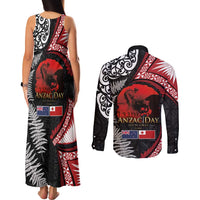 Tonga and New Zealand ANZAC Day Couples Matching Tank Maxi Dress and Long Sleeve Button Shirt Gallipoli Lest We Forget Ngatu Art Tribal and Maori Tattoo with Fern LT03