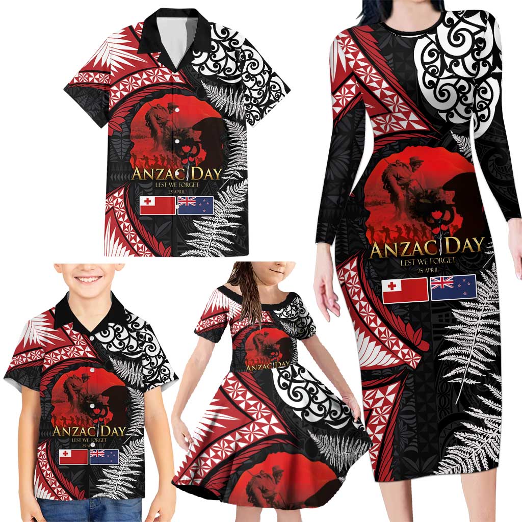 Tonga and New Zealand ANZAC Day Family Matching Long Sleeve Bodycon Dress and Hawaiian Shirt Gallipoli Lest We Forget Ngatu Art Tribal and Maori Tattoo with Fern LT03