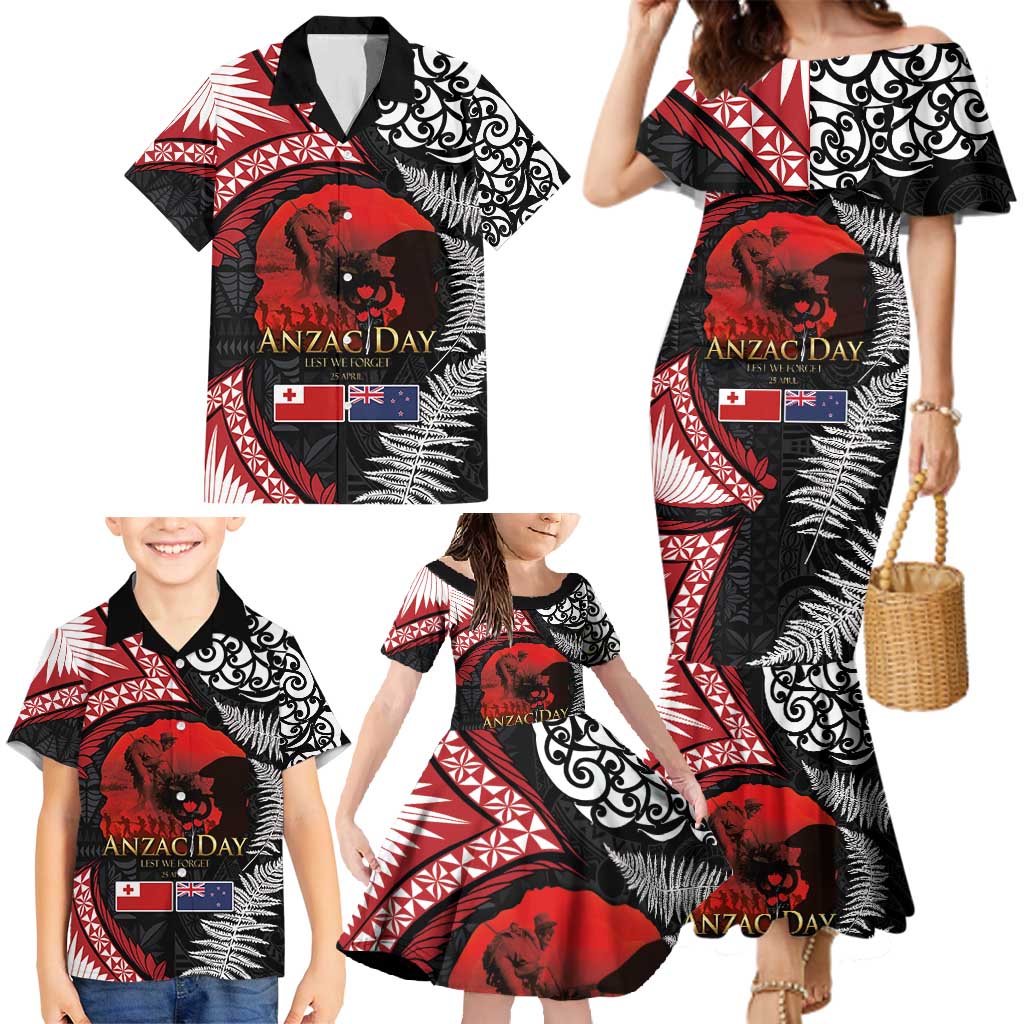 Tonga and New Zealand ANZAC Day Family Matching Mermaid Dress and Hawaiian Shirt Gallipoli Lest We Forget Ngatu Art Tribal and Maori Tattoo with Fern LT03