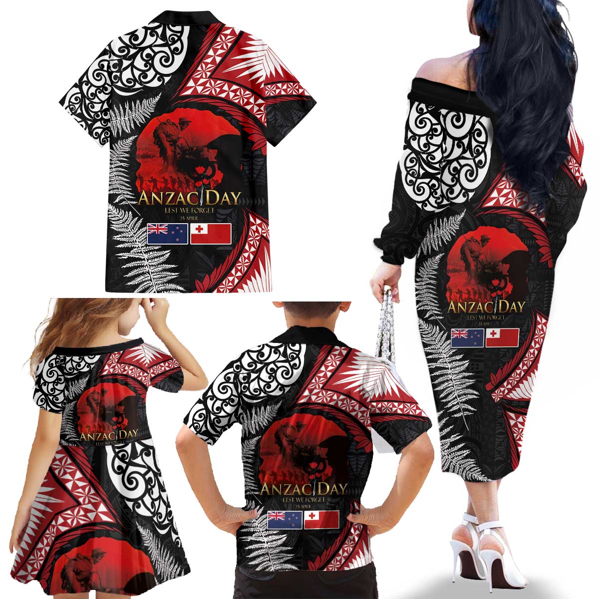 Tonga and New Zealand ANZAC Day Family Matching Off The Shoulder Long Sleeve Dress and Hawaiian Shirt Gallipoli Lest We Forget Ngatu Art Tribal and Maori Tattoo with Fern LT03