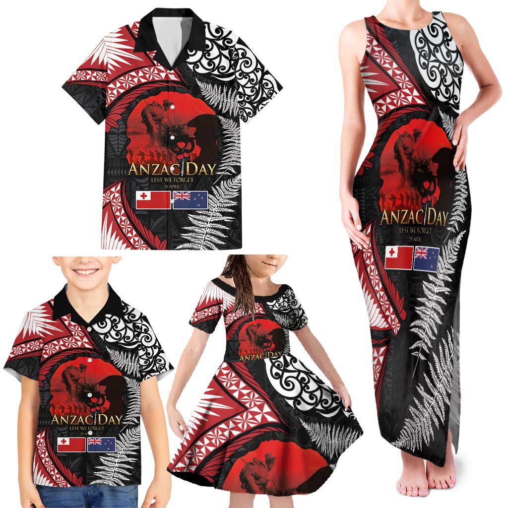 Tonga and New Zealand ANZAC Day Family Matching Tank Maxi Dress and Hawaiian Shirt Gallipoli Lest We Forget Ngatu Art Tribal and Maori Tattoo with Fern LT03