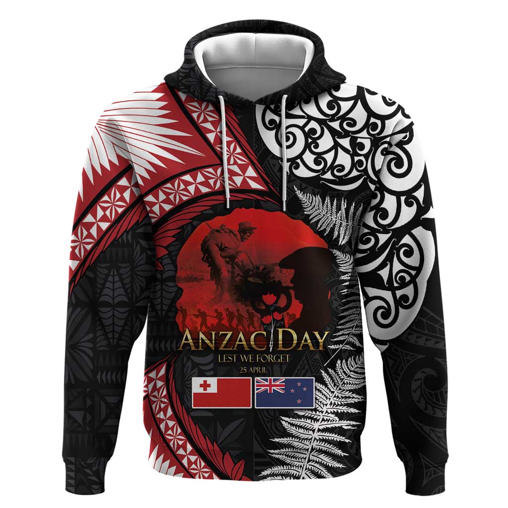 Tonga and New Zealand ANZAC Day Hoodie Gallipoli Lest We Forget Ngatu Art Tribal and Maori Tattoo with Fern LT03