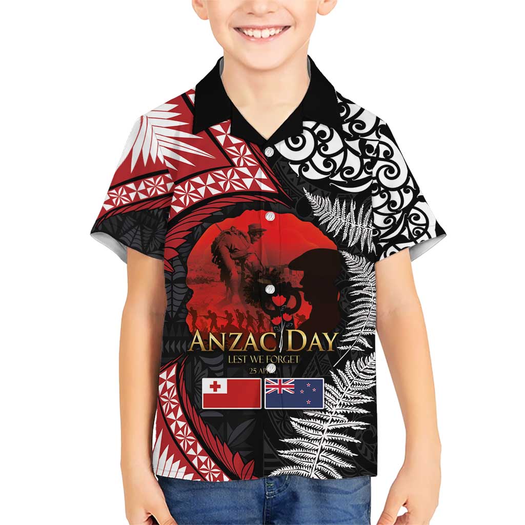 Tonga and New Zealand ANZAC Day Kid Hawaiian Shirt Gallipoli Lest We Forget Ngatu Art Tribal and Maori Tattoo with Fern LT03