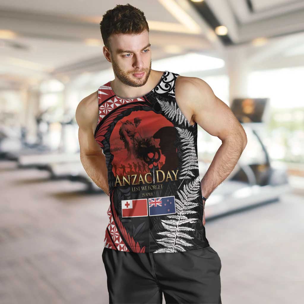 Tonga and New Zealand ANZAC Day Men Tank Top Gallipoli Lest We Forget Ngatu Art Tribal and Maori Tattoo with Fern LT03 Black - Polynesian Pride