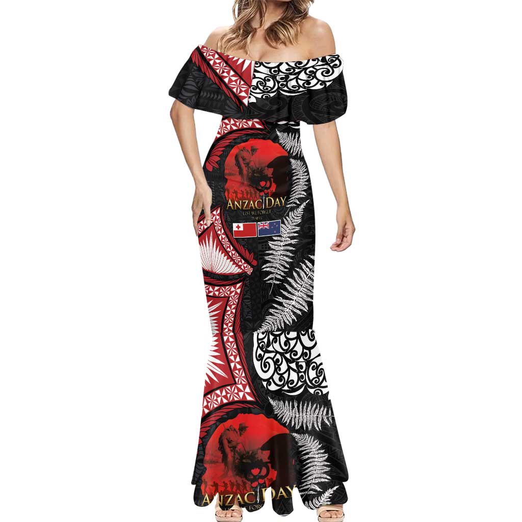 Tonga and New Zealand ANZAC Day Mermaid Dress Gallipoli Lest We Forget Ngatu Art Tribal and Maori Tattoo with Fern LT03