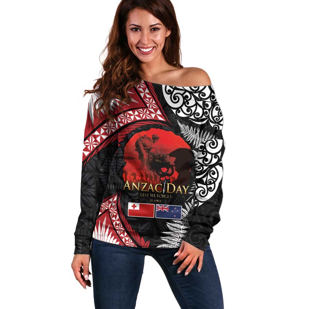 Tonga and New Zealand ANZAC Day Off Shoulder Sweater Gallipoli Lest We Forget Ngatu Art Tribal and Maori Tattoo with Fern LT03