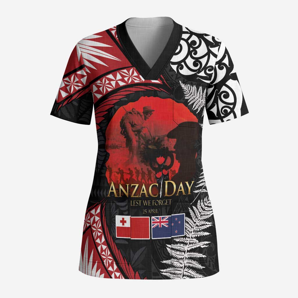 Tonga and New Zealand ANZAC Day Scrub Top Gallipoli Lest We Forget Ngatu Art Tribal and Maori Tattoo with Fern - Polynesian Pride