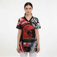 Tonga and New Zealand ANZAC Day Scrub Top Gallipoli Lest We Forget Ngatu Art Tribal and Maori Tattoo with Fern - Polynesian Pride