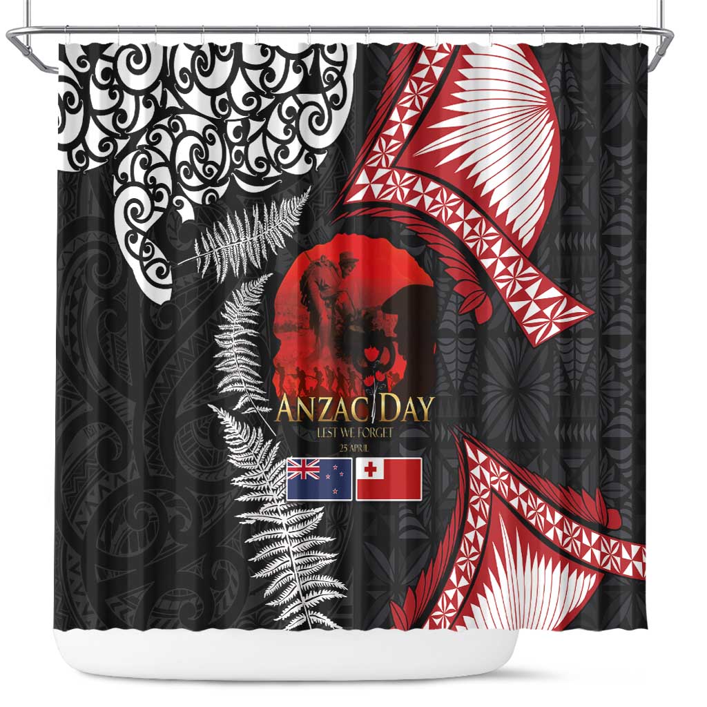 Tonga and New Zealand ANZAC Day Shower Curtain Gallipoli Lest We Forget Ngatu Art Tribal and Maori Tattoo with Fern LT03